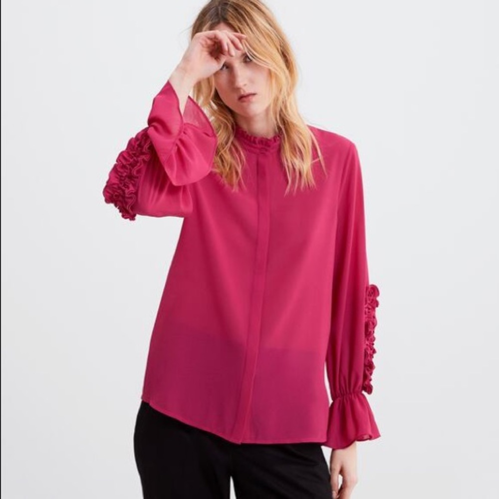 Zara RUFFLED BLOUSE Long Sleeve Pink Color Size XS
